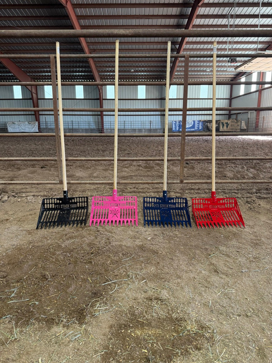 All four colors of the PTI Stock Yard heavy-duty stall fork